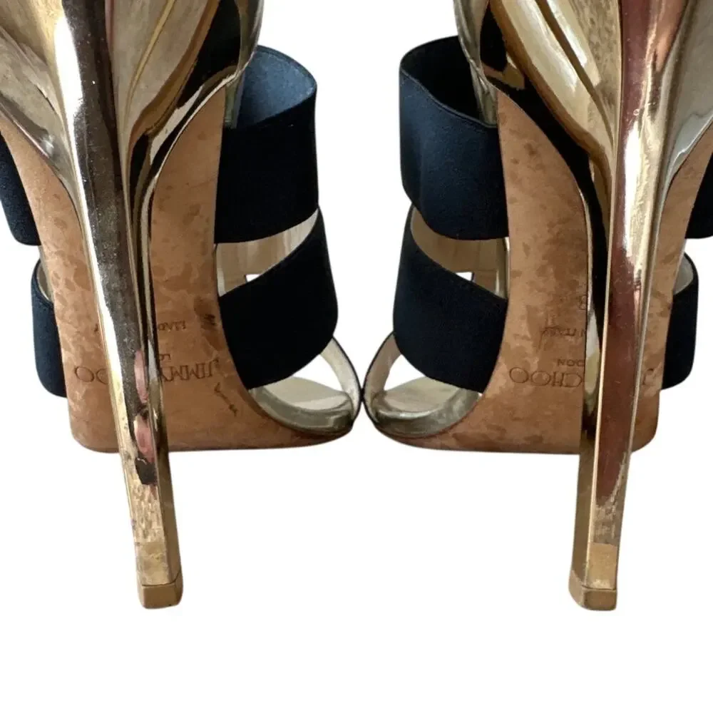 Jimmy Choo Dario Black Ladder Strap Gold Heel Sandals‎ Size US 8, IT 38
